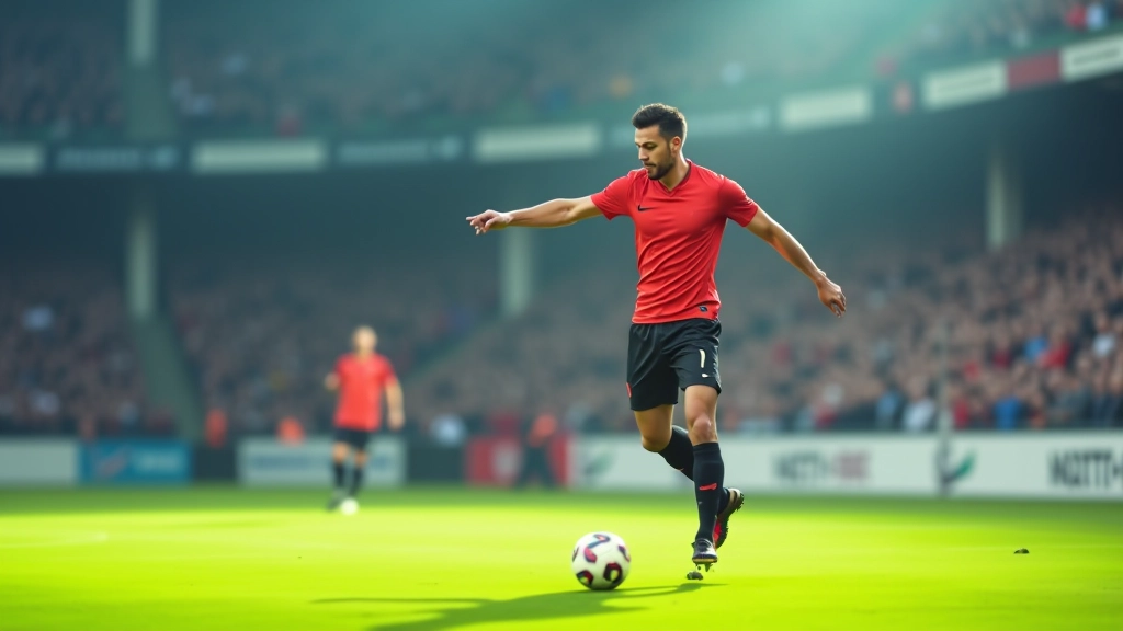 لاعب كرة قدم محترف يقوم بتمرير طويل دقيق أثناء مباراة حقيقية مع ضغط من المدافعين